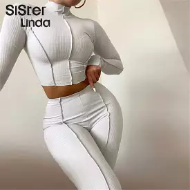 2 Piece Set Ribbed Striped Long Sleeve Skinny Stretchy Workout Sportswear Outfits