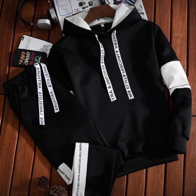 2pc Sets Tracksuit Men Autumn Winter Hooded Sweatshirt Drawstring Outfit Sportswear