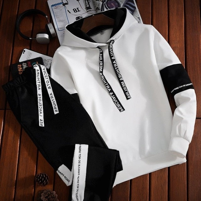 2pc Sets Tracksuit Men Autumn Winter Hooded Sweatshirt Drawstring Outfit Sportswear