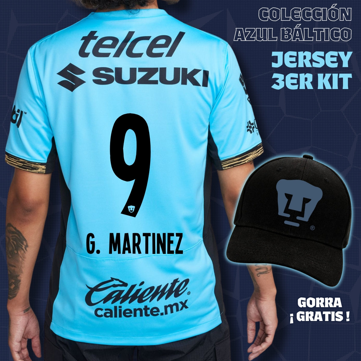 9 Guillermo Martínez - Colección Azul Báltico - Jersey Tercer Kit + Gorra de Regalo