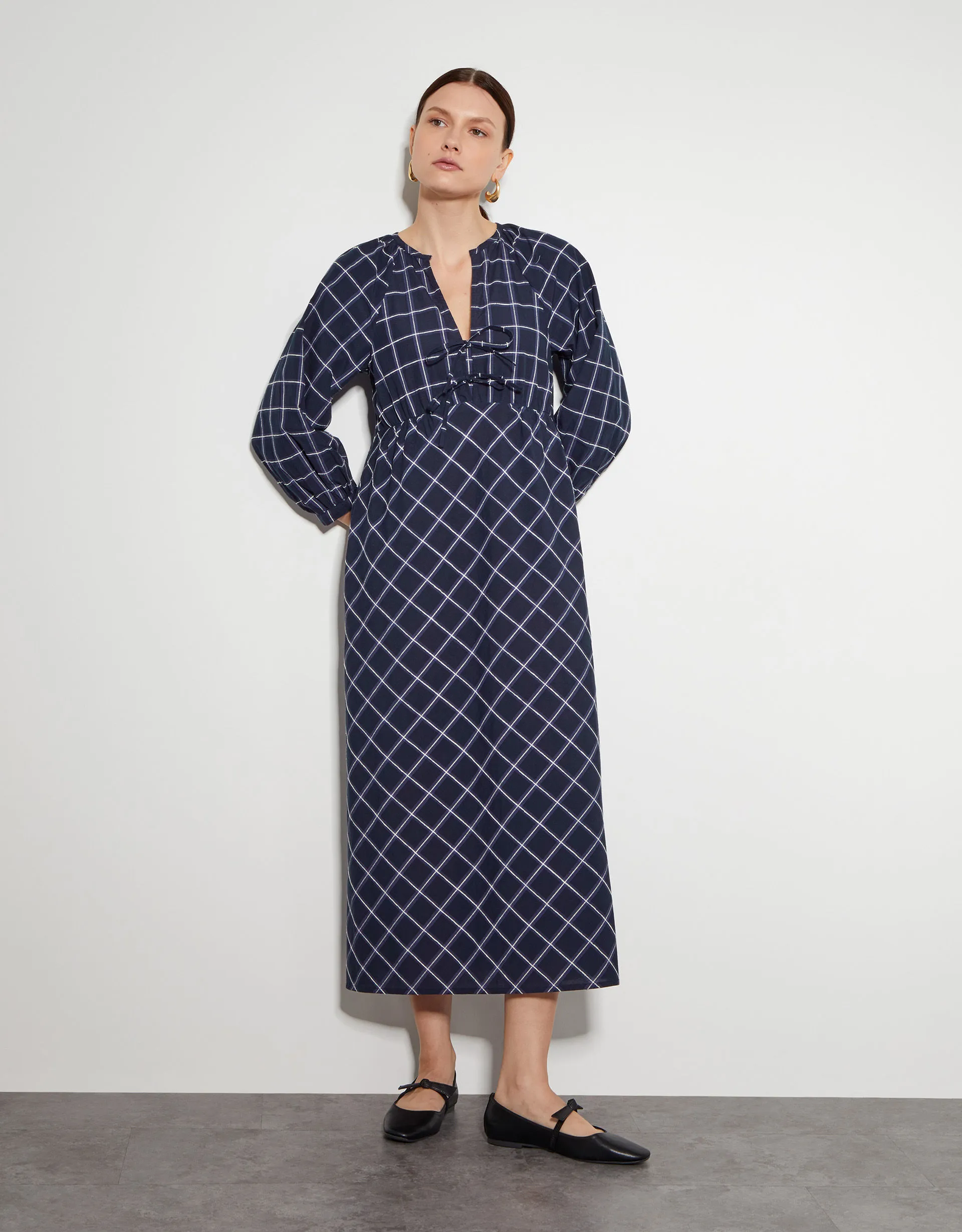 Frankie Tie Front Check Print Midi Dress Blue