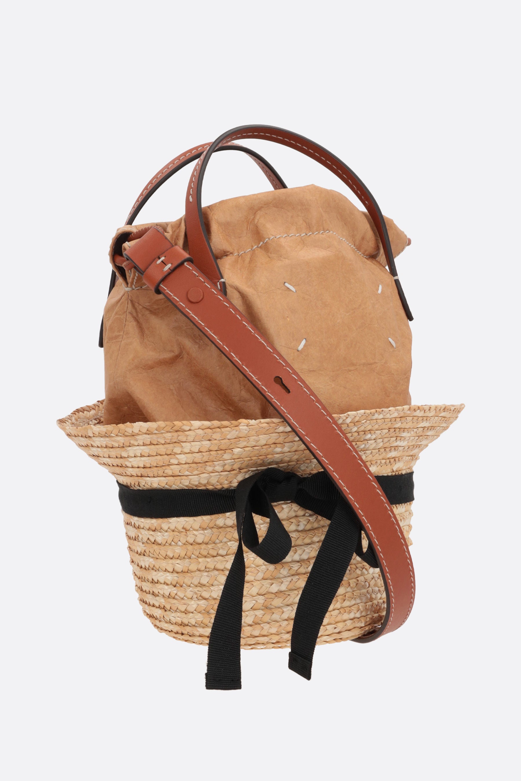 Hat straw and paper-effect faux leather bucket bag