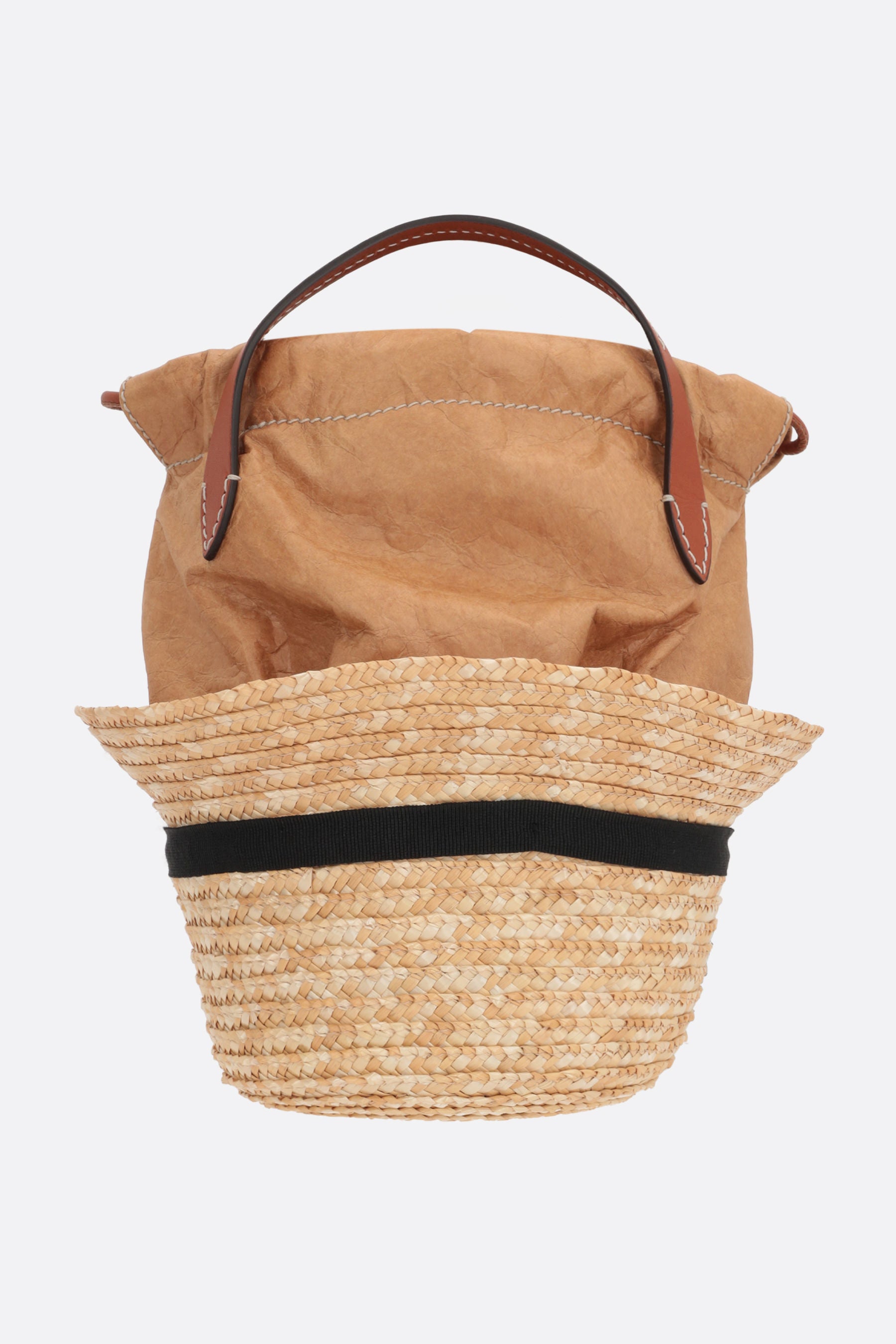 Hat straw and paper-effect faux leather bucket bag