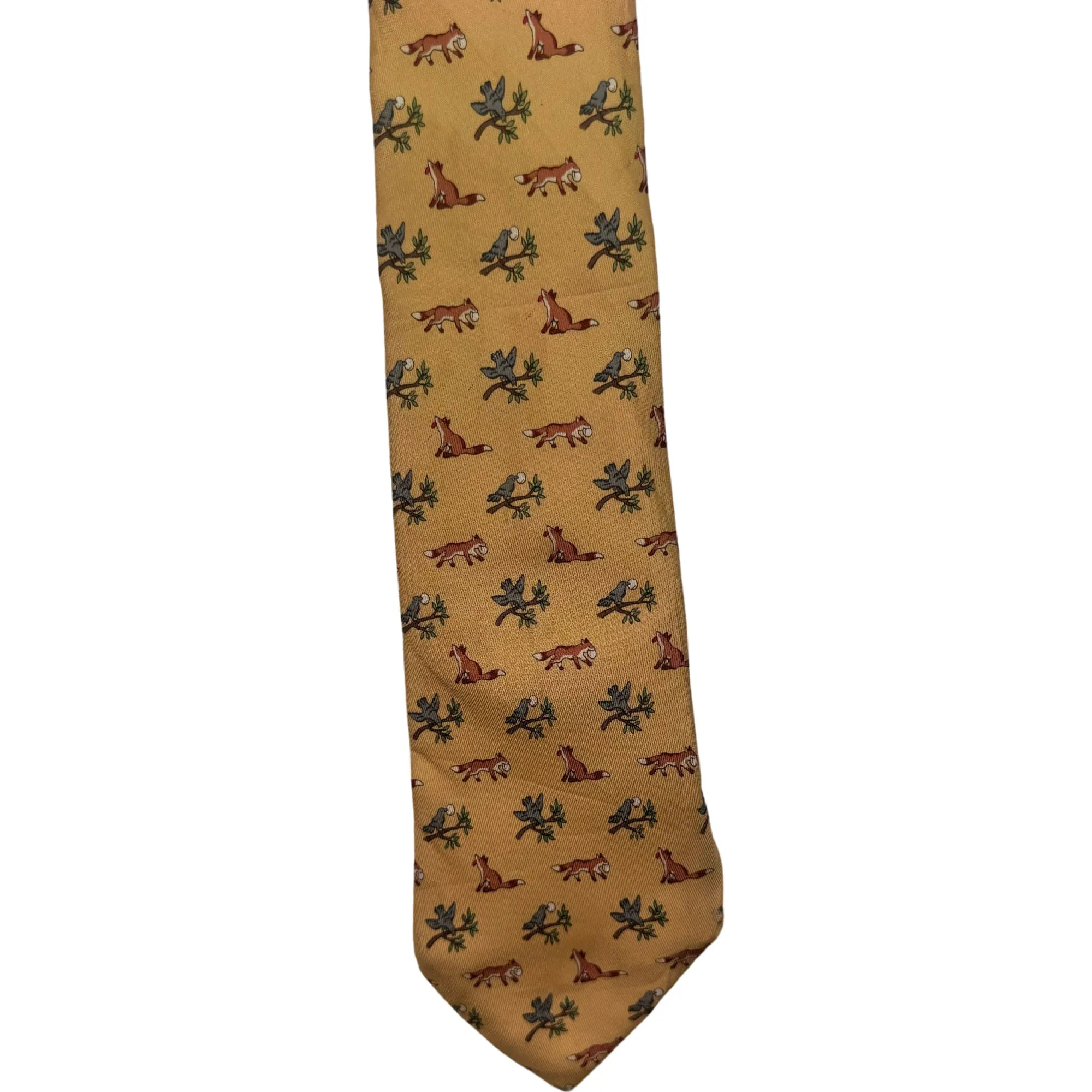 Hermès Paris Fox Bird Silk Tie Yellow