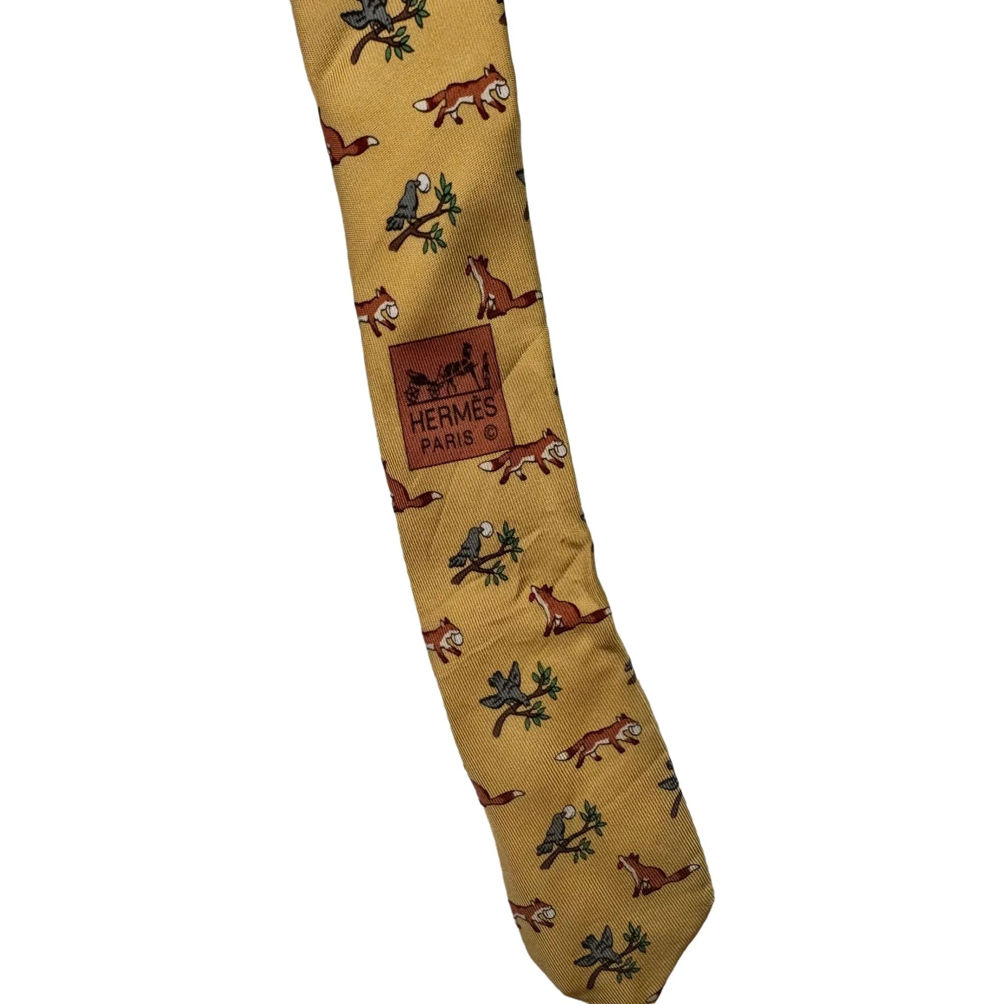 Hermès Paris Fox Bird Silk Tie Yellow