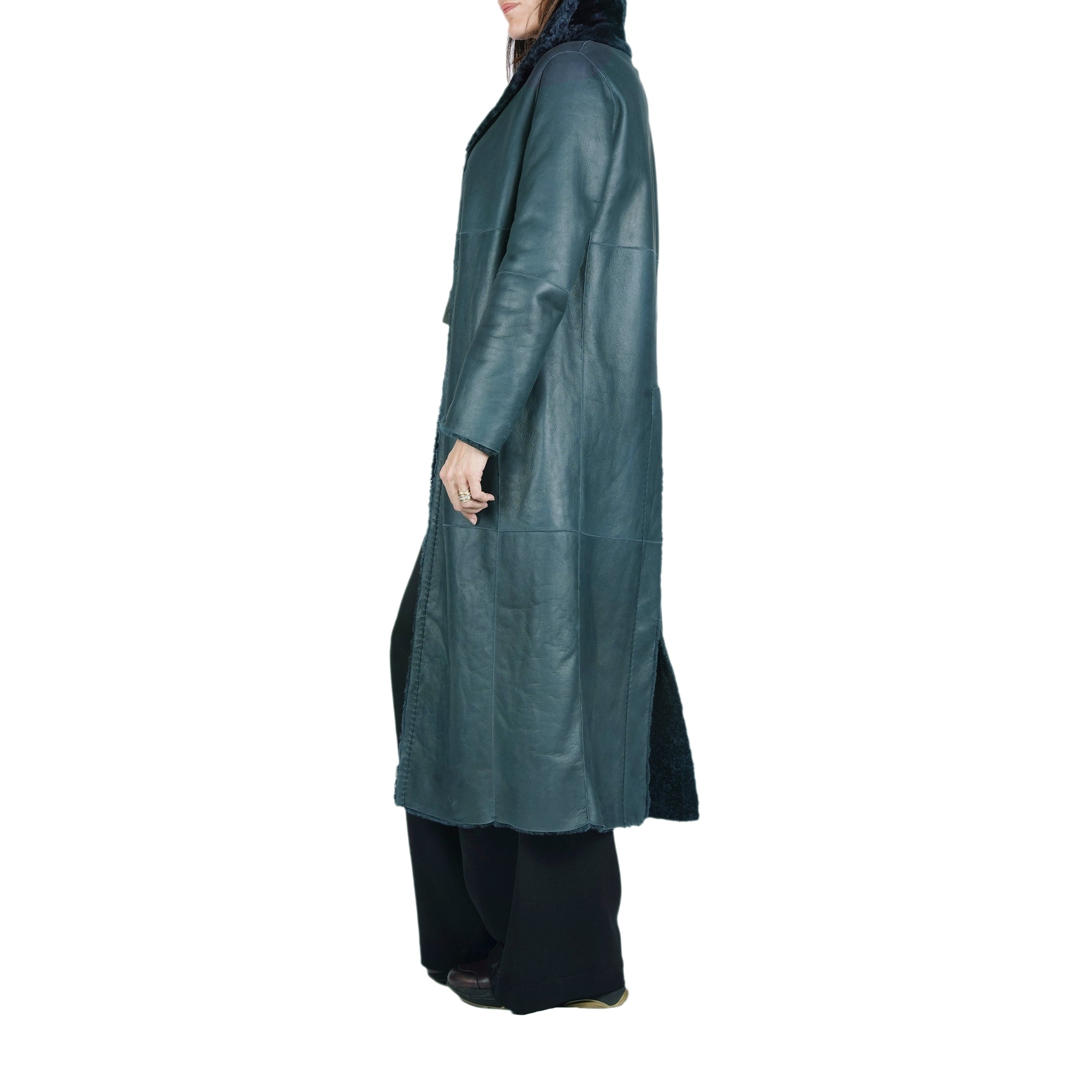 Long Reversible Shearling Coat Teal