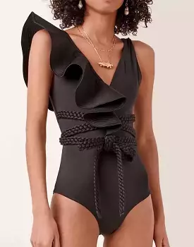 One Piece Ruffle Braid Tied Swimsuit