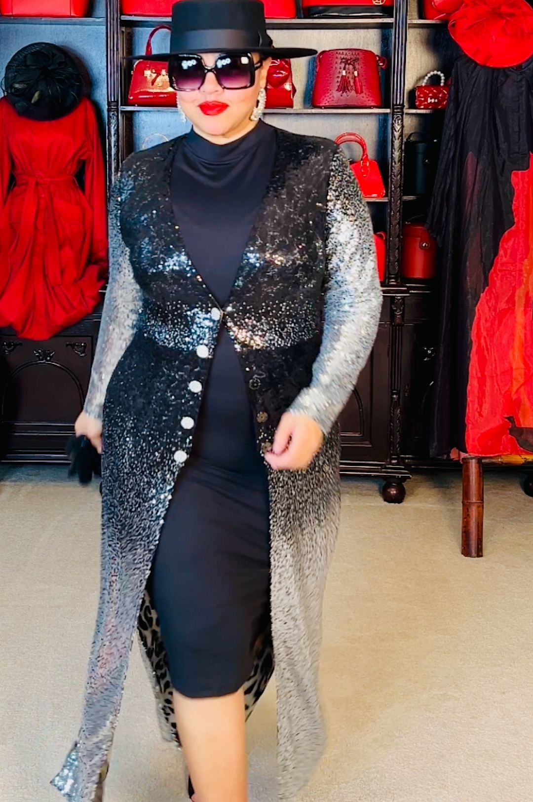 Silver Black Sequin Duster Coat