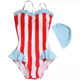 Swimsuit swim wear one piece strip red blue