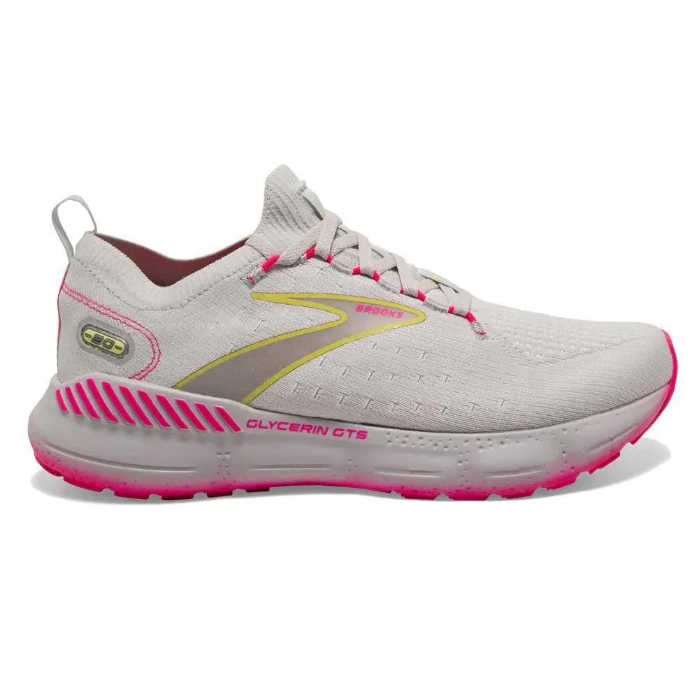 Women's Brooks Glycerin StealthFit 20, Grey/Yellow/Pink, 6.5 B Medium